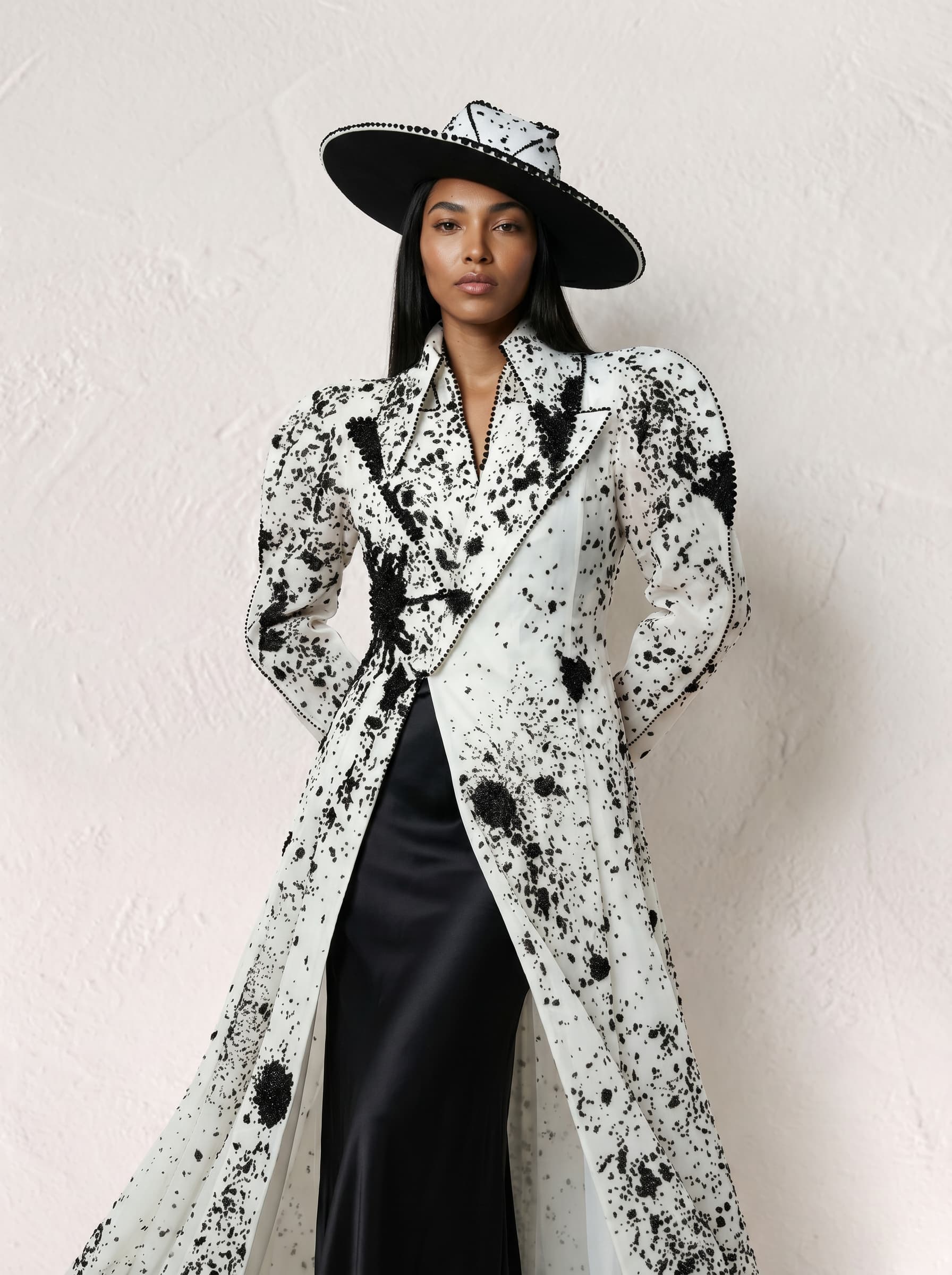 Model in a wide-brim hat and long white coat with black paint-splatter print over a black satin skirt