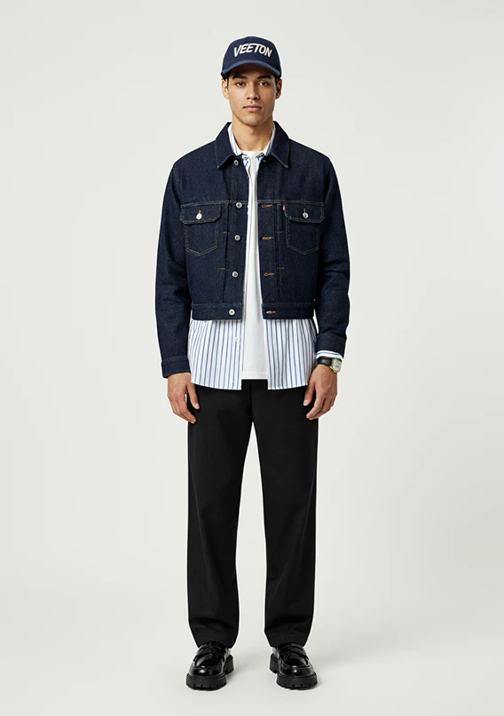AI male model in a Veeton cap, indigo denim jacket over a striped shirt and black trousers, generated with Veeton
