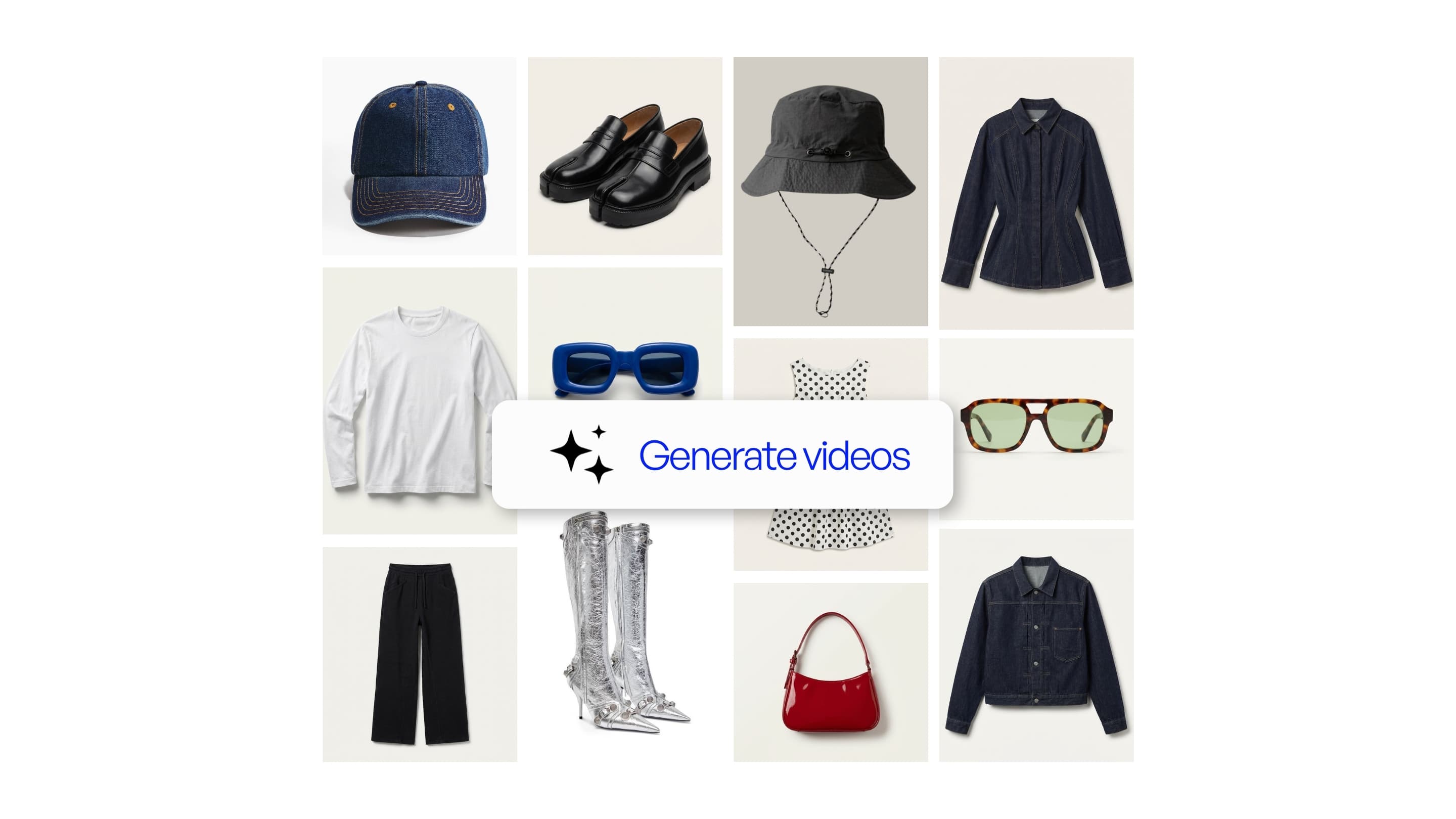 Grid of fashion packshots including a denim cap, loafers and sunglasses behind a Generate videos button