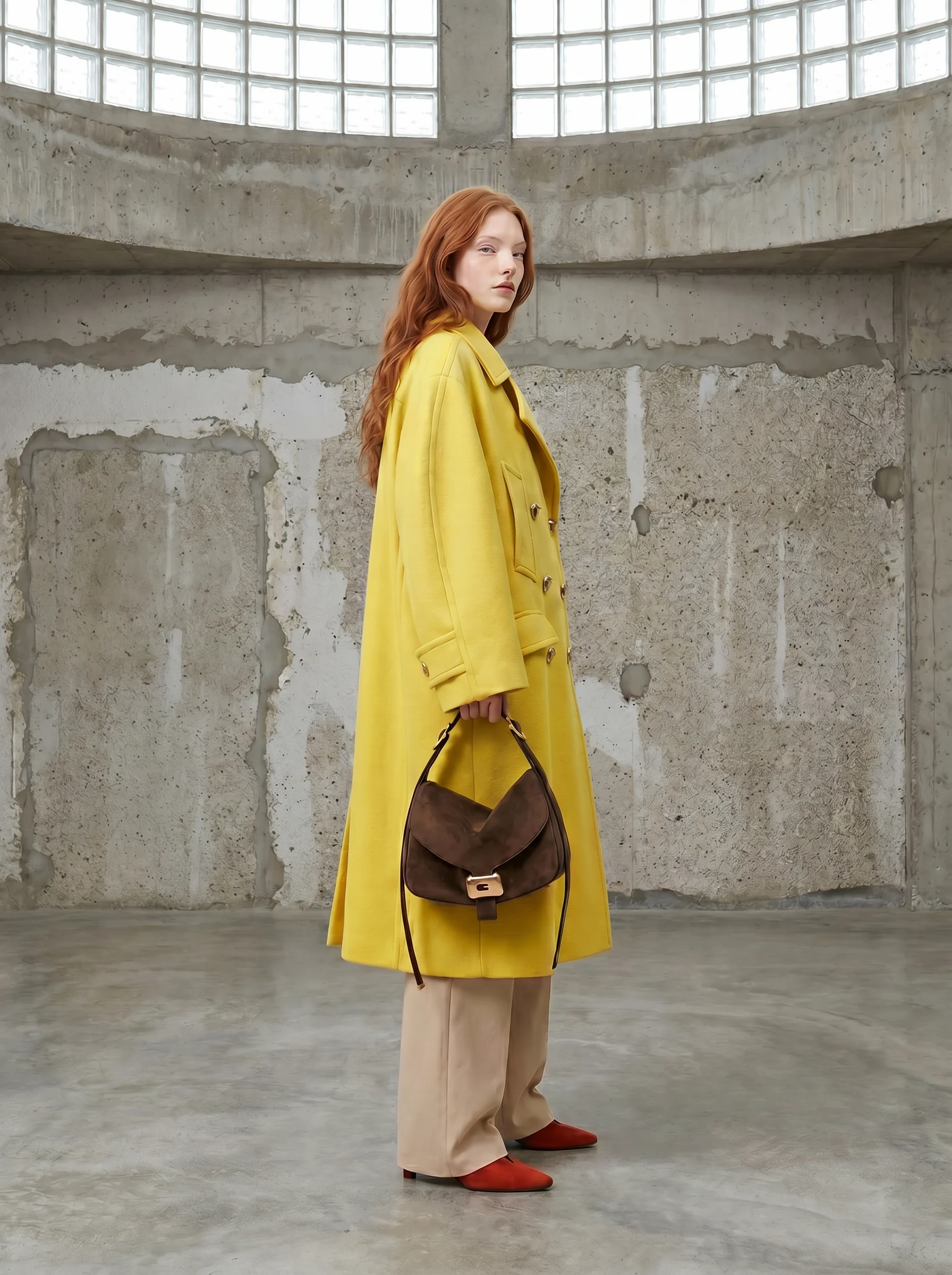 Red-haired model in a long yellow double-breasted coat holding a brown suede bag in a concrete hall with glass-block windows
