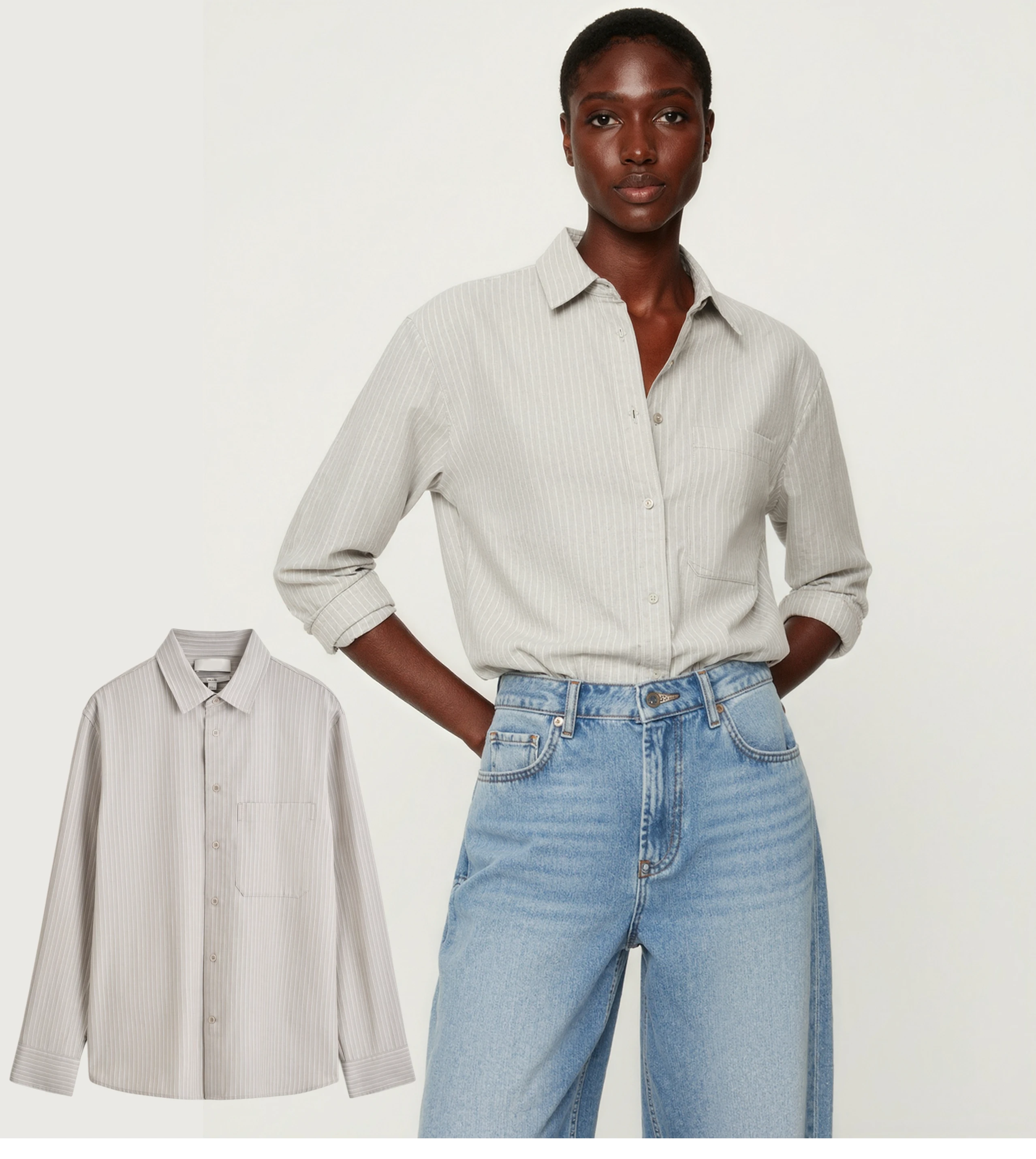 Grey striped shirt packshot next to the same shirt worn by an AI model with light blue jeans