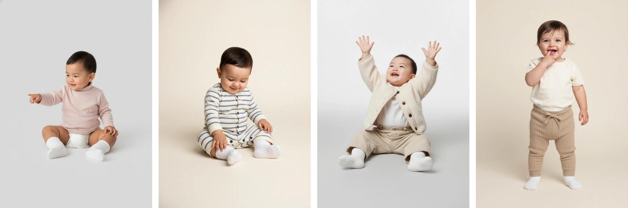 Four AI baby models in neutral knitwear, a striped romper and a fleece cardigan on beige backdrops, generated with Veeton