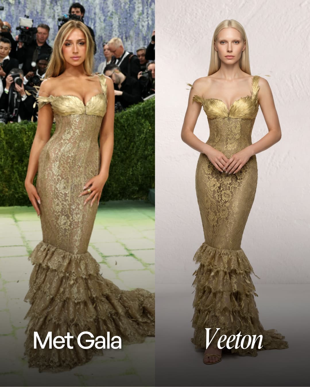 Clothing design of Tate McRae and same outfit on an ai fashion model