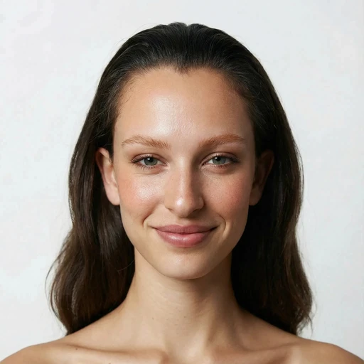 A person with long, dark hair smiles against a neutral background, emphasizing clear skin and natural beauty.