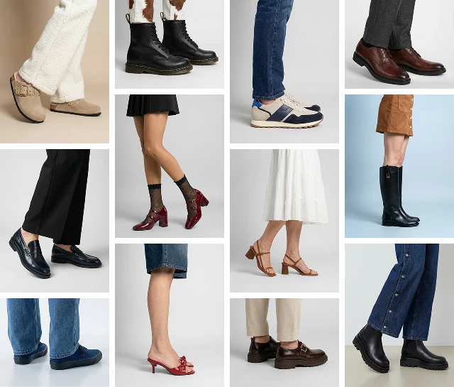 Grid of AI-generated footwear visuals: models wearing loafers, boots, heels, sandals and sneakers