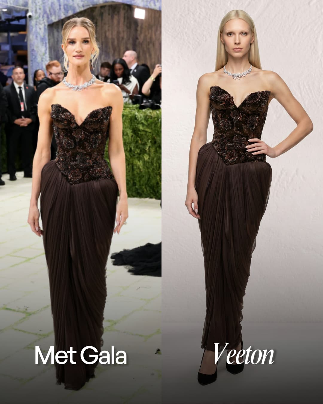 Clothing design of Rosie Huntington and same outfit on an ai fashion model