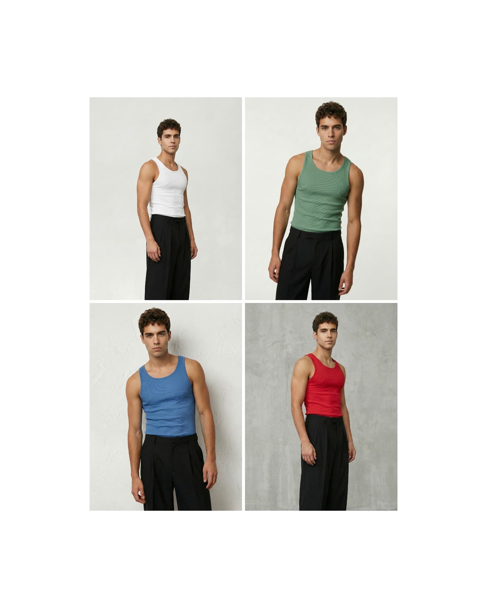 Four images feature a person wearing tank tops in different colors—white, green, blue, and red—paired with black pants against simple backdrops.