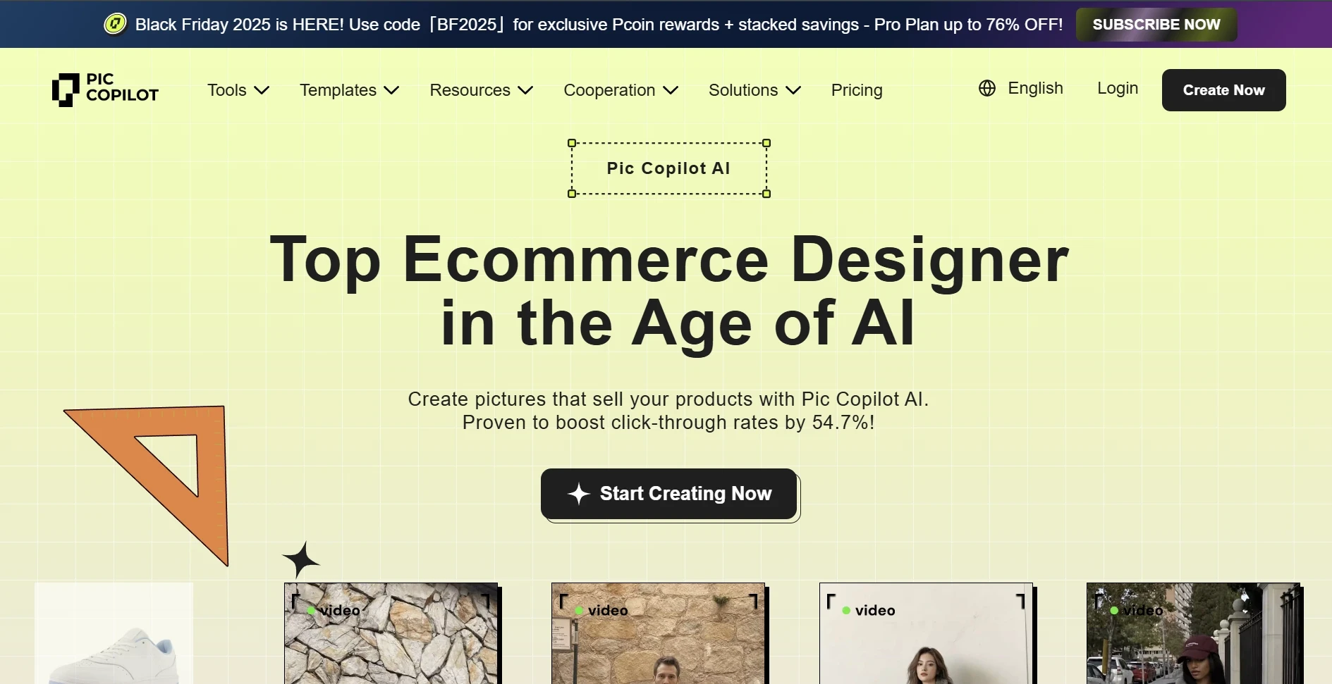 Pic Copilot homepage screenshot with the headline Top Ecommerce Designer in the Age of AI on a yellow grid background