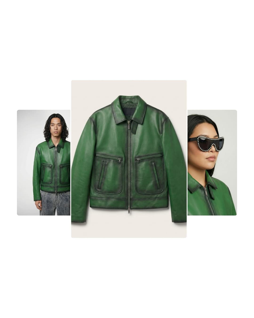 Green leather jacket packshot next to AI on-model shots of a man wearing it and a woman in studded sunglasses