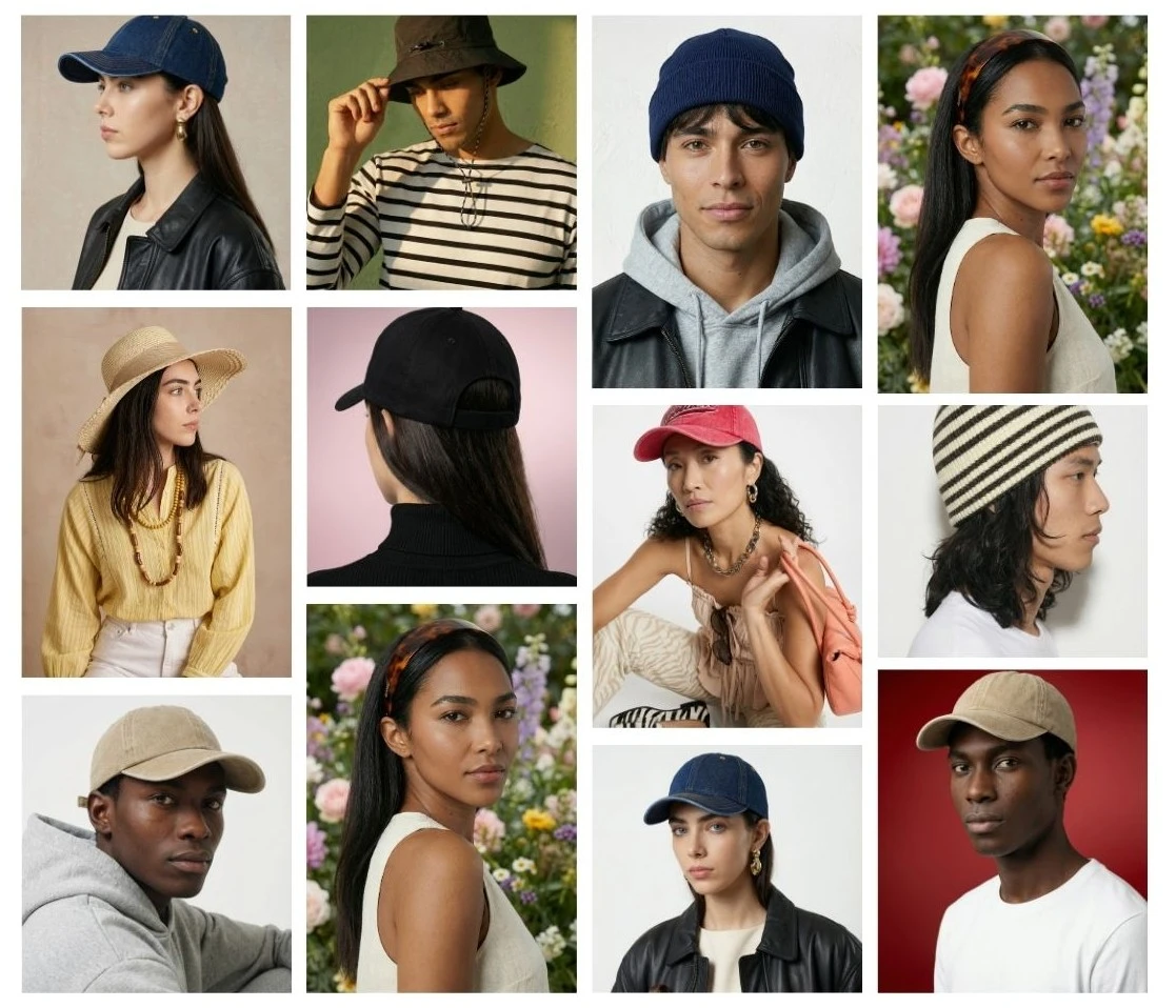 Grid of AI-generated headwear visuals: models in caps, beanies, a bucket hat, a straw hat and a headband