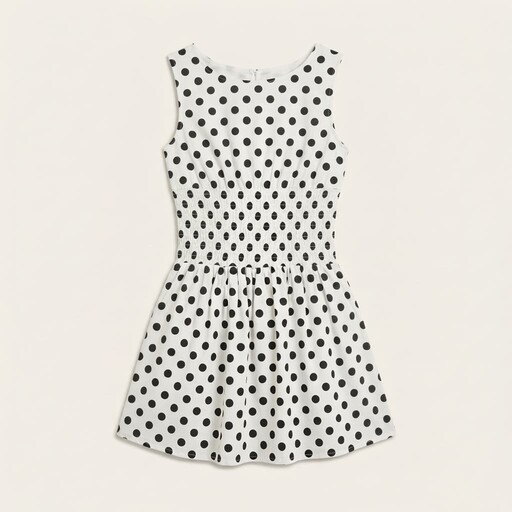 Flat-lay packshot of a white sleeveless dress with black polka dots