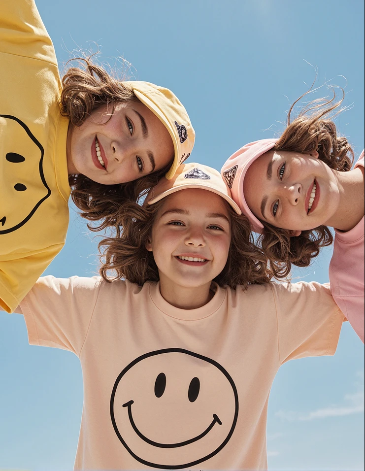 Three smiling kids in caps and pastel smiley-face t-shirts photographed from below against a blue sky
