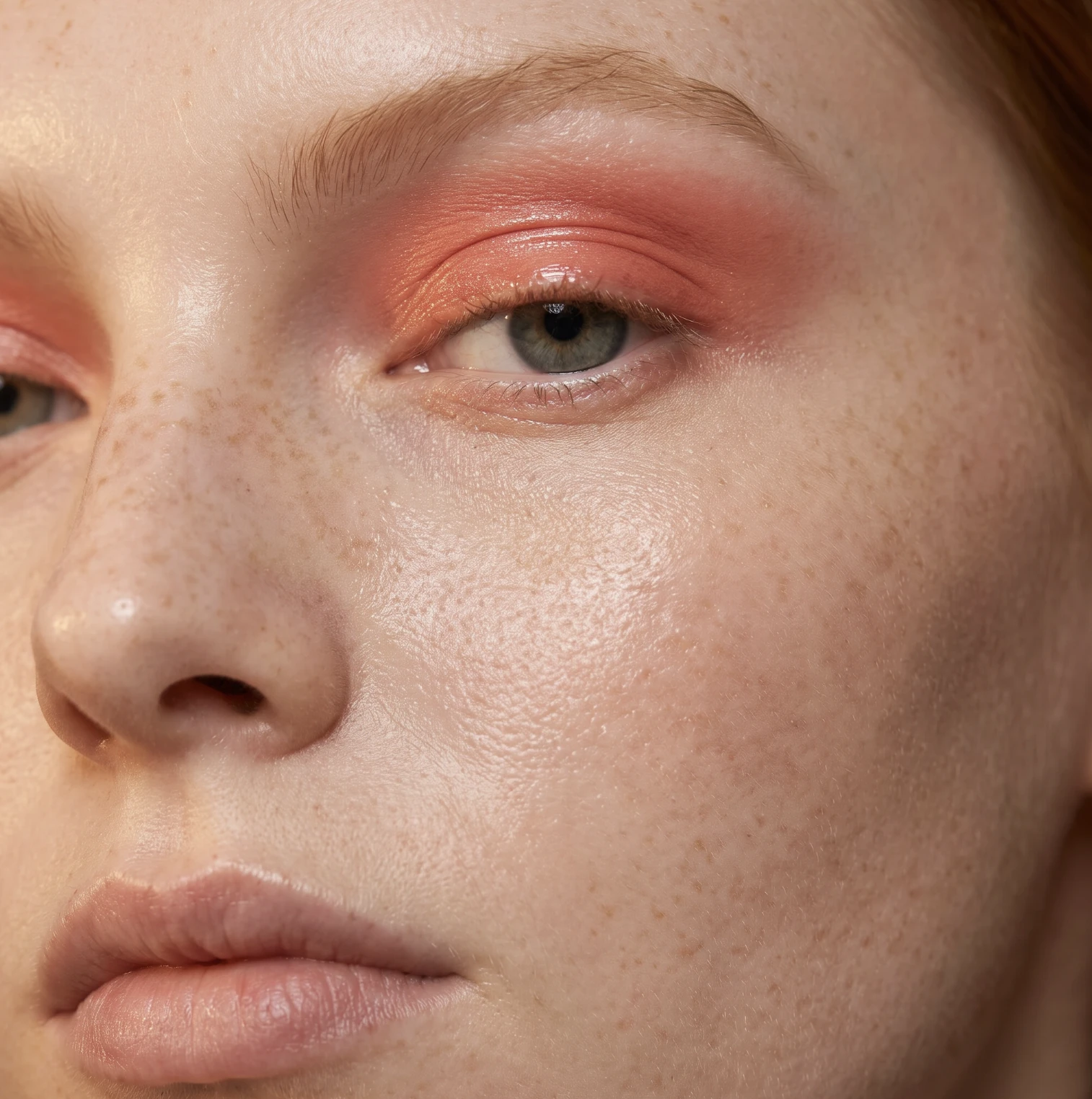 Close-up beauty shot of an AI model with freckles and coral eyeshadow, generated with Veeton