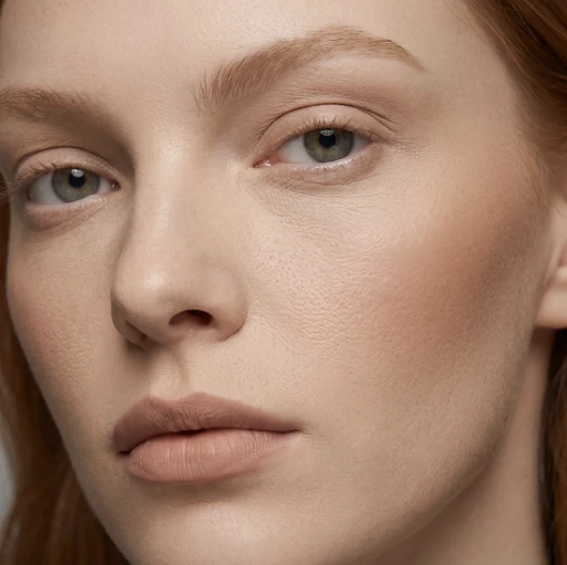 Beauty close-up of the same red-haired AI model with matte skin, soft blush and a nude lip