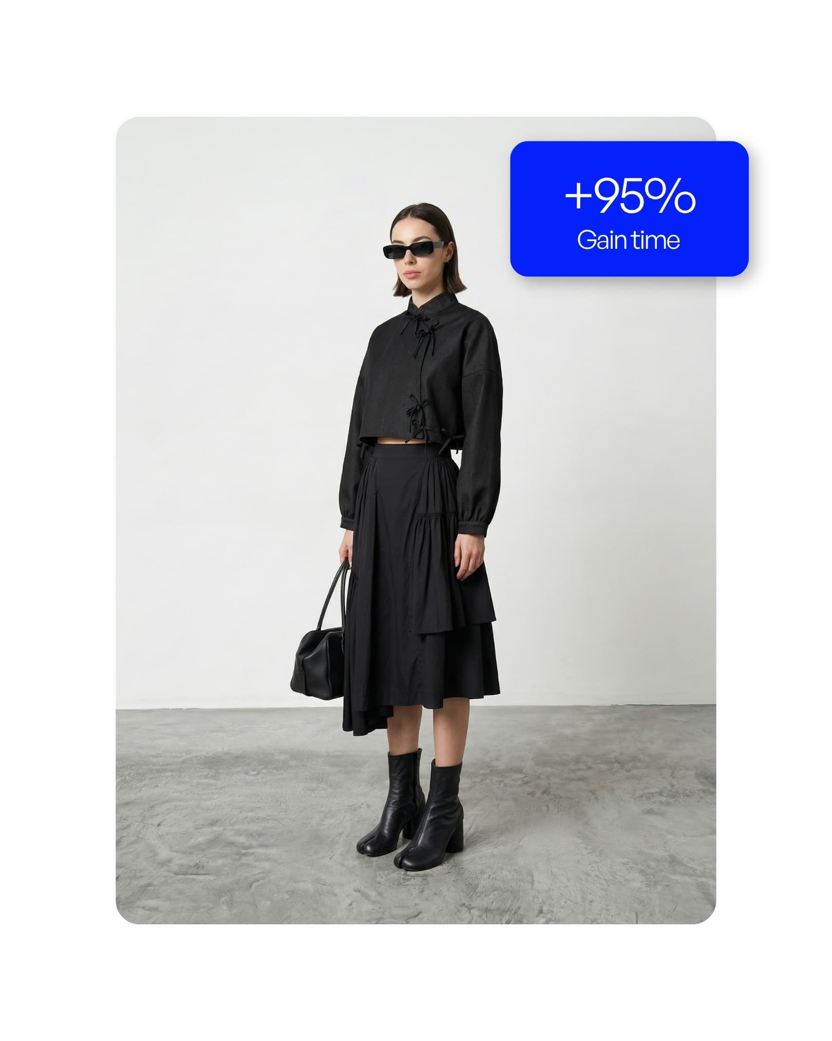 A stylish person stands against a plain white backdrop, wearing a chic black outfit with a long-sleeve blouse, midi skirt, ankle boots, and sunglasses, accessorized with a black handbag; a blue label in the corner reads "+95% Gain time."