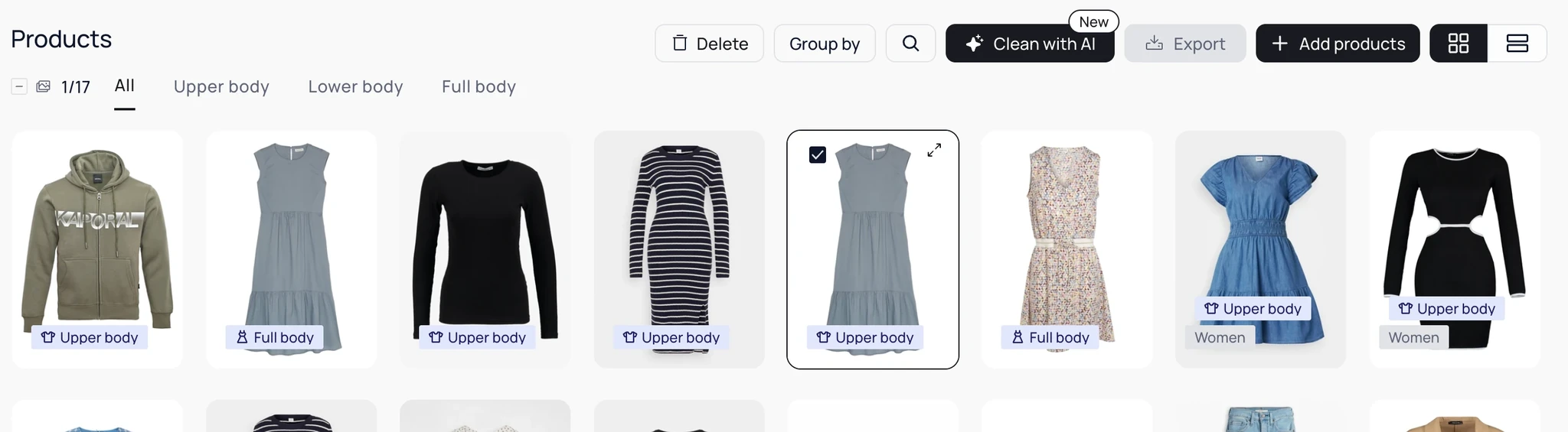 Veeton Products page showing a grid of garment packshots with the new Clean with AI button