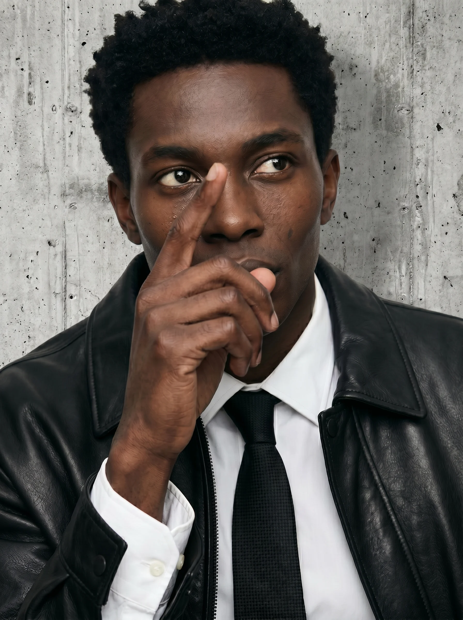 Man in a black leather jacket, white shirt and black tie pressing a finger to his lips in front of a concrete wall