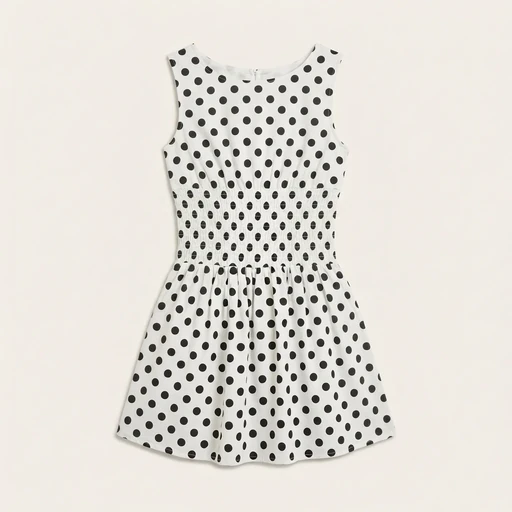 A sleeveless white dress with black polka dots features a fitted waist and a flared skirt, perfect for a casual summer outing.