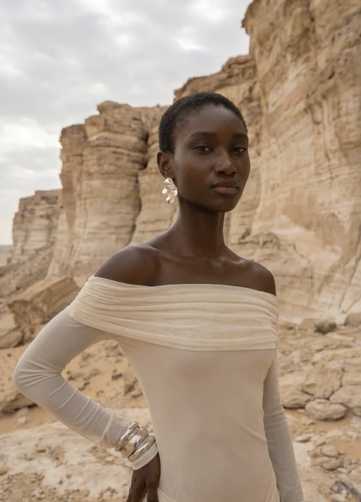 AI model in a cream off-shoulder top with silver jewellery posing among desert rock cliffs, generated with Veeton