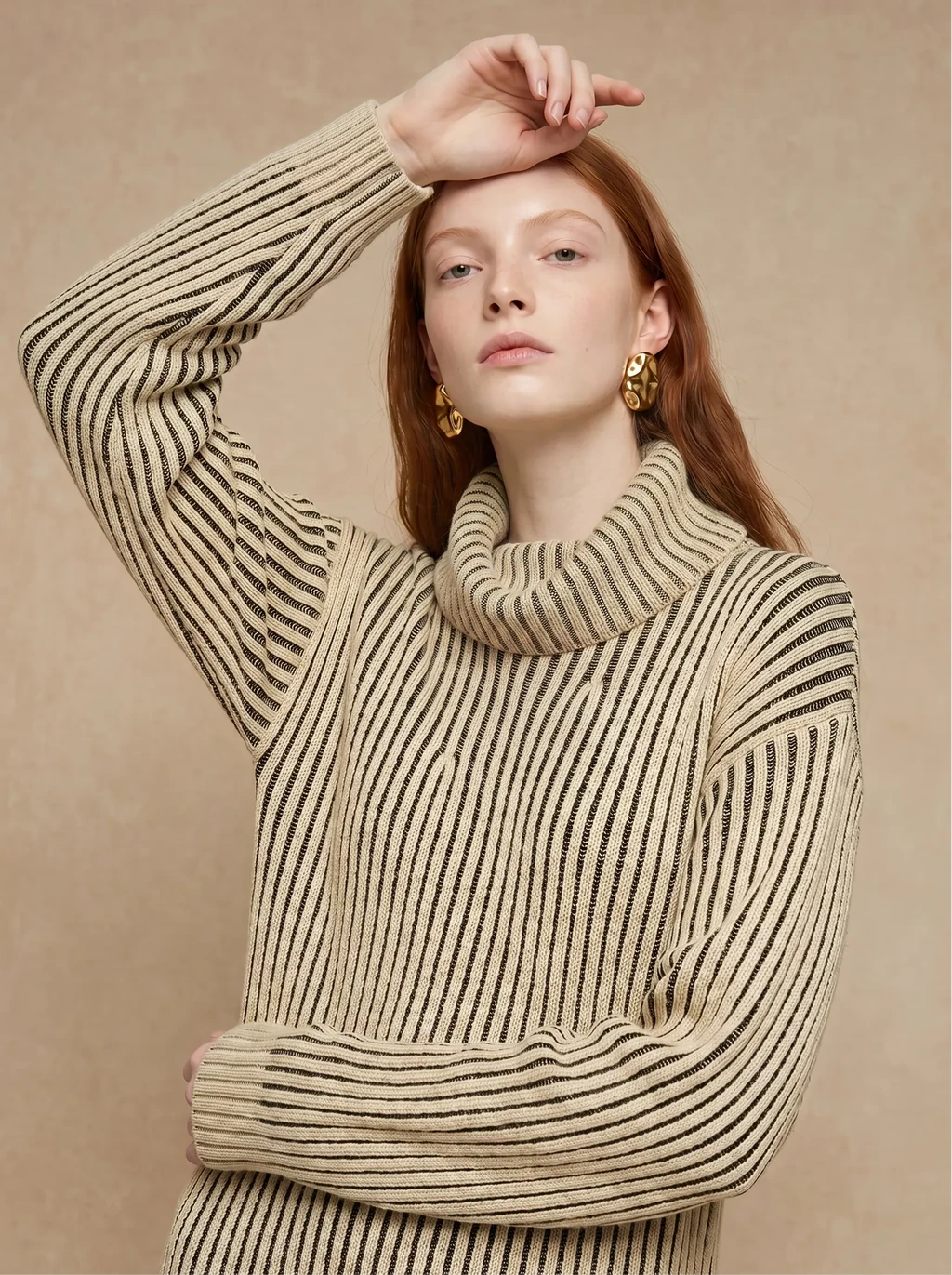AI model with red hair in a beige ribbed turtleneck sweater and gold earrings, generated with Veeton
