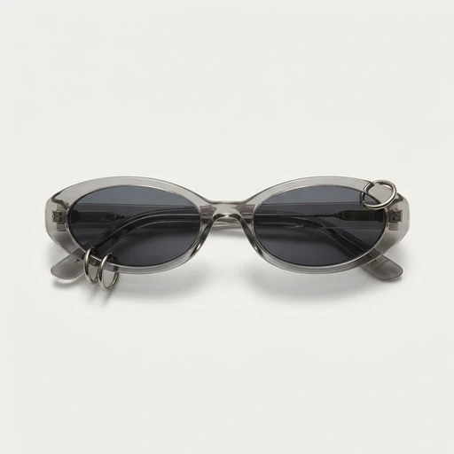 Packshot of grey transparent oval sunglasses with silver ring details before on-model generation