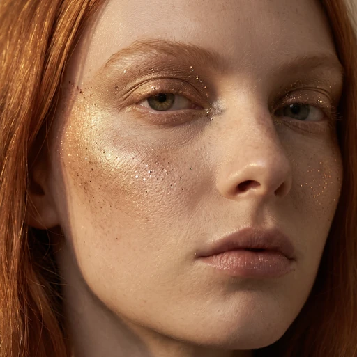 Beauty close-up of a red-haired AI model with gold glitter across the cheekbones and eyelids