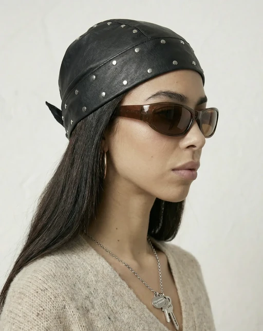 AI model in profile wearing a studded black leather headscarf, brown wraparound sunglasses and a beige knit, streetwear look
