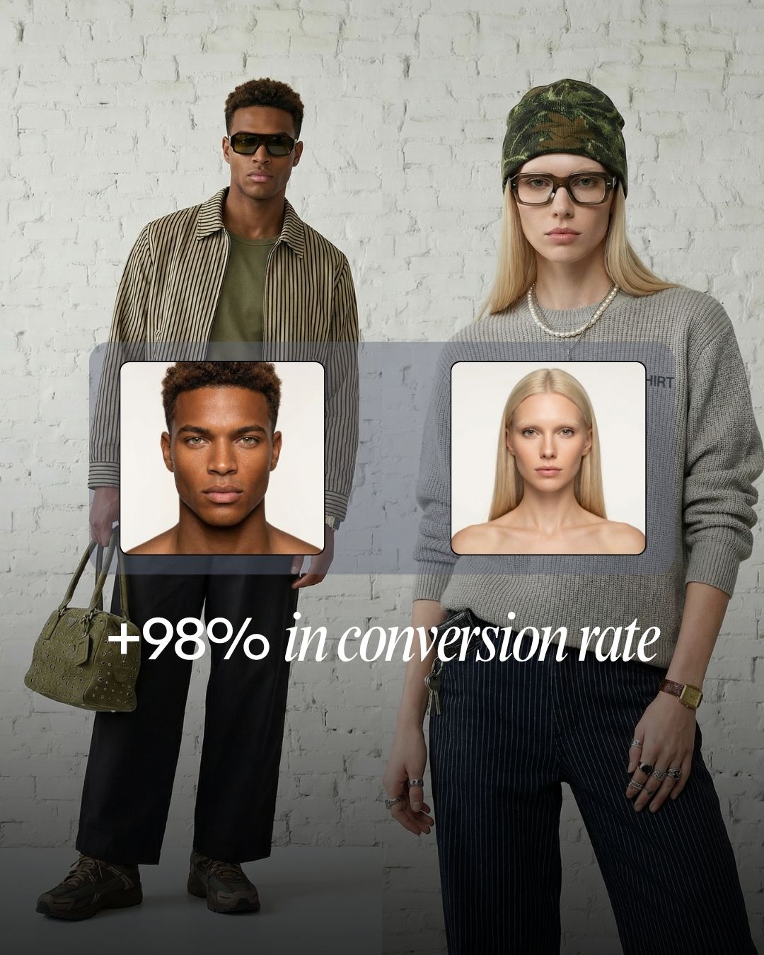 Two AI models wearing sunglasses and glasses with their headshots and the text '+98% in conversion rate'
