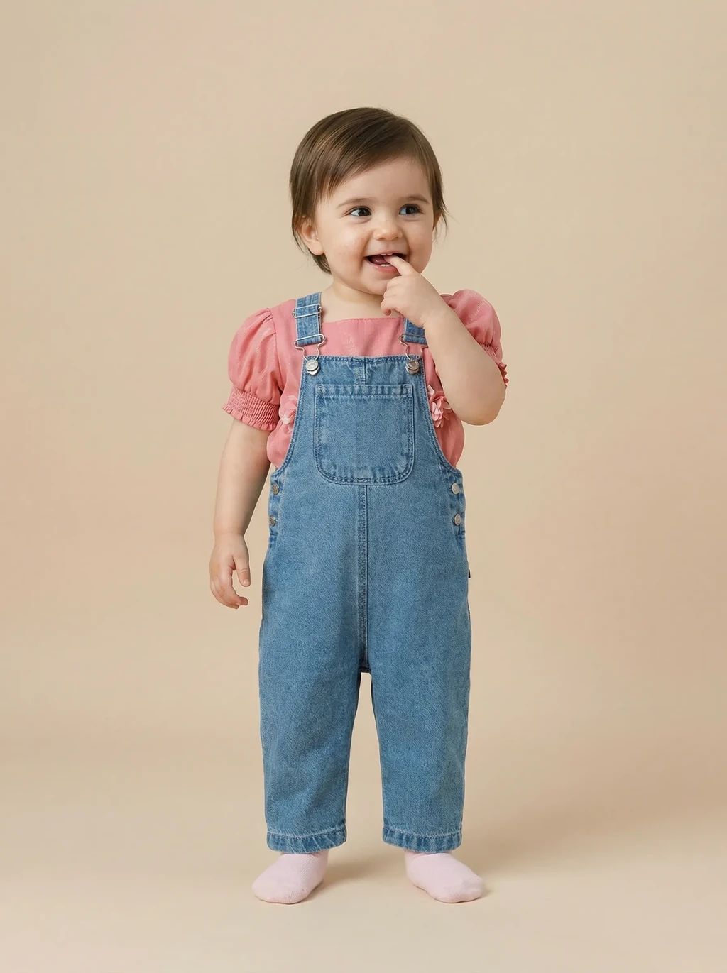 KI-generiertes Babymodel in Jeans-Latzhose