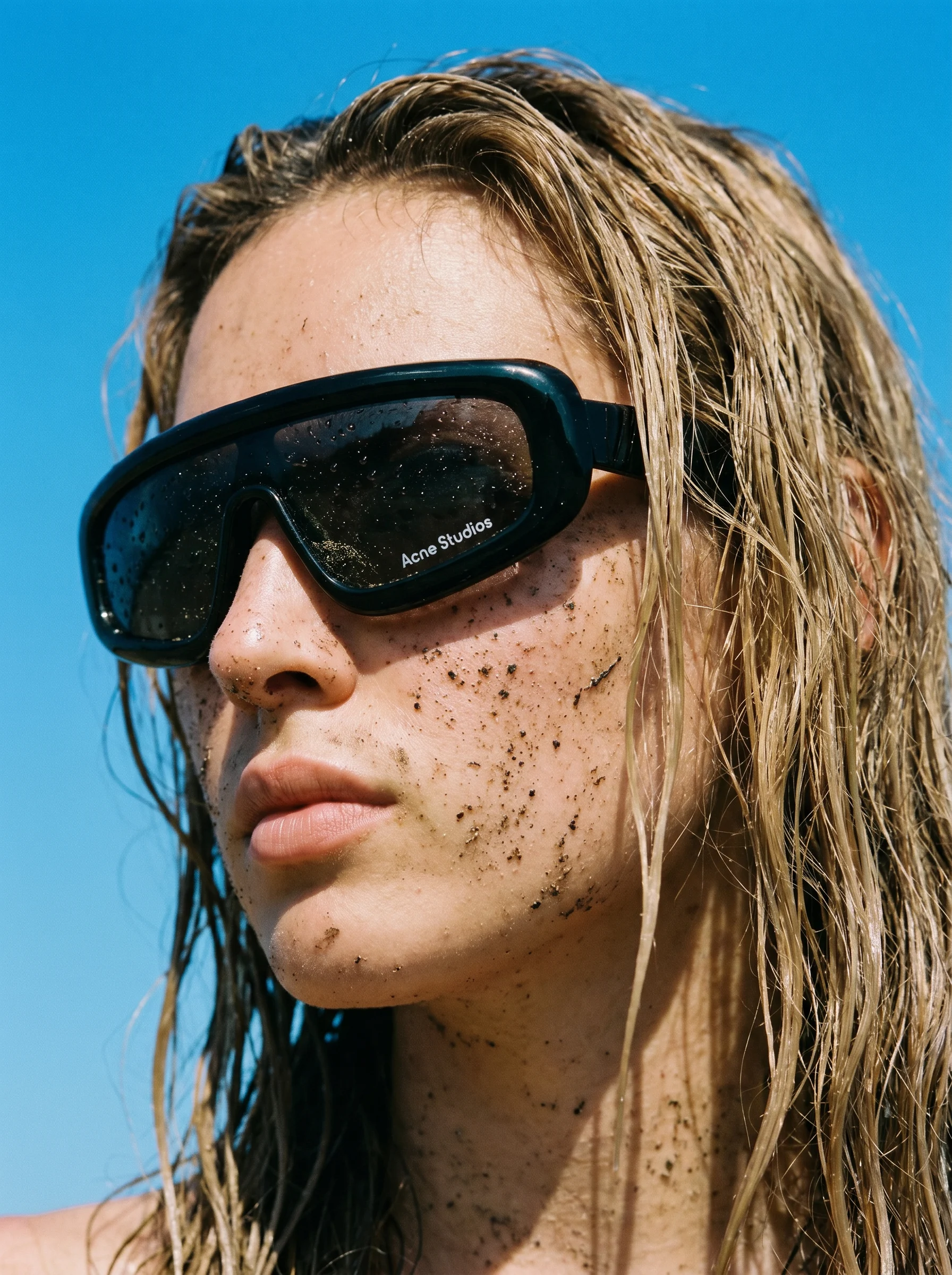 Close-up of a model with wet blonde hair and sand-flecked skin wearing black Acne Studios shield sunglasses under a blue sky
