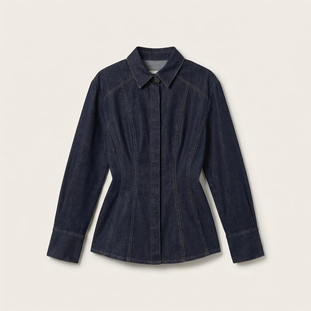 Dark blue denim jacket with a fitted silhouette, featuring long sleeves, a classic collar, and subtle stitching details on a plain background.