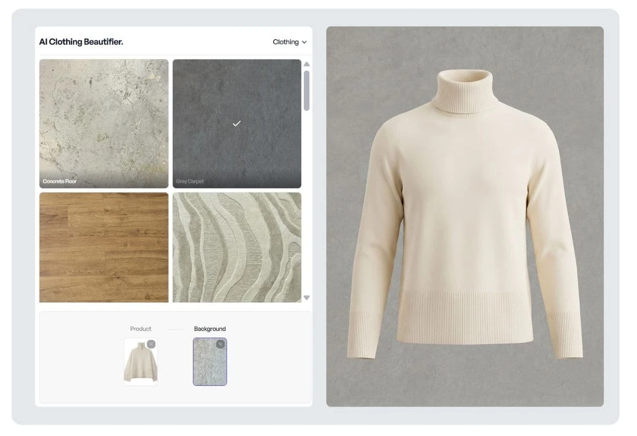 Veeton interface for generating a ghost mannequin using AI, and image of the result