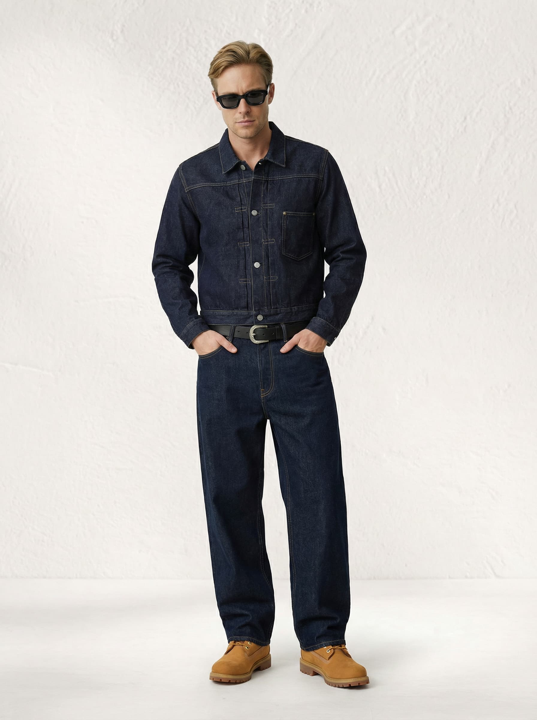 A person wearing a stylish dark denim jacket and pants paired with tan leather shoes poses against a simple, light-colored background, exuding a modern, casual fashion look.