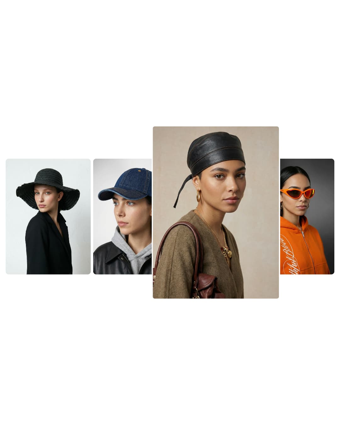 Four AI model portraits wearing a straw hat, denim cap, leather headscarf and orange sunglasses, generated with Veeton