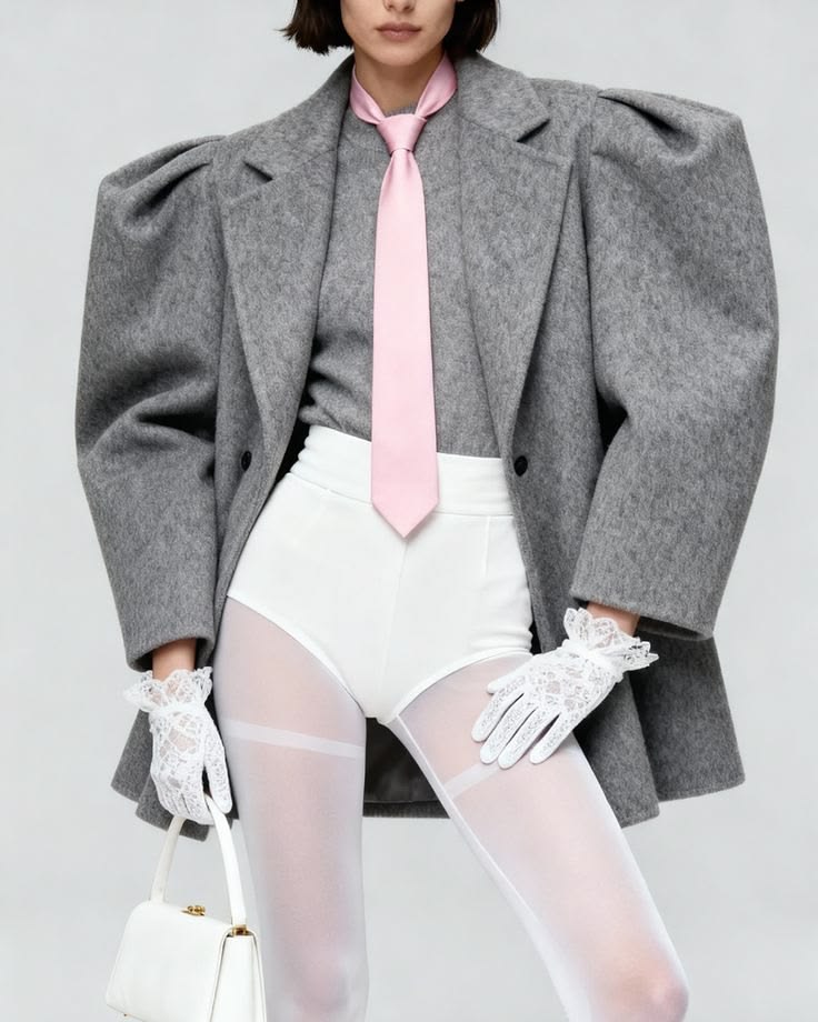 Model in an oversized grey wool coat, pink tie, white shorts, sheer tights and lace gloves holding a white bag