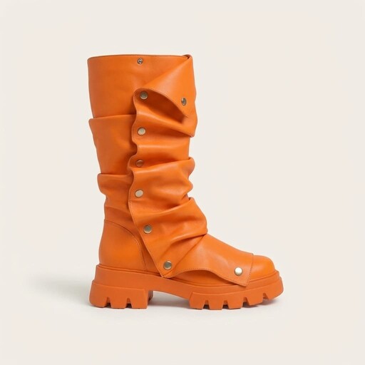 Packshot of orange slouchy knee-high boots with studs and chunky sole before on-model generation