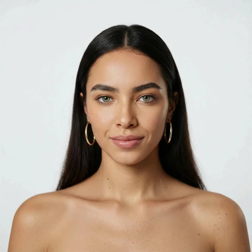 A woman with long dark hair and green eyes looks directly at the camera, wearing hoop earrings and a neutral expression against a plain white background.