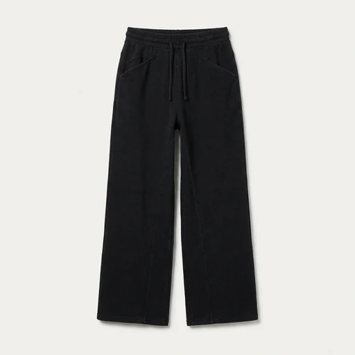 A pair of black wide-leg sweatpants with an elastic waistband and drawstring, displayed against a neutral background.