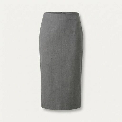 A knee-length, tailored gray pencil skirt made of lightweight fabric, set against a plain white background, showcasing its classic, professional design ideal for business or formal attire.
