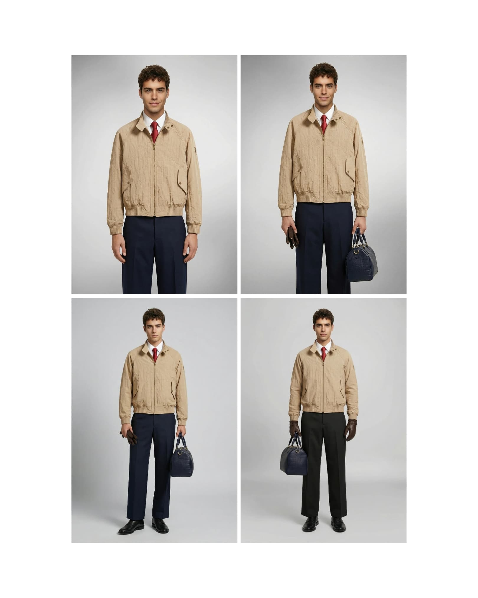 Four images depict a person wearing a beige bomber jacket over a white shirt and red tie, paired with dark trousers; two images show the person with a dark purse, and another two with brown gloves.