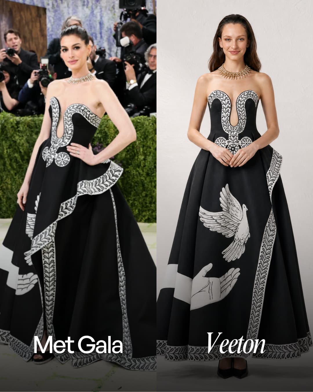 Clothing design of Anne Hathaway and same outfit on an ai fashion model