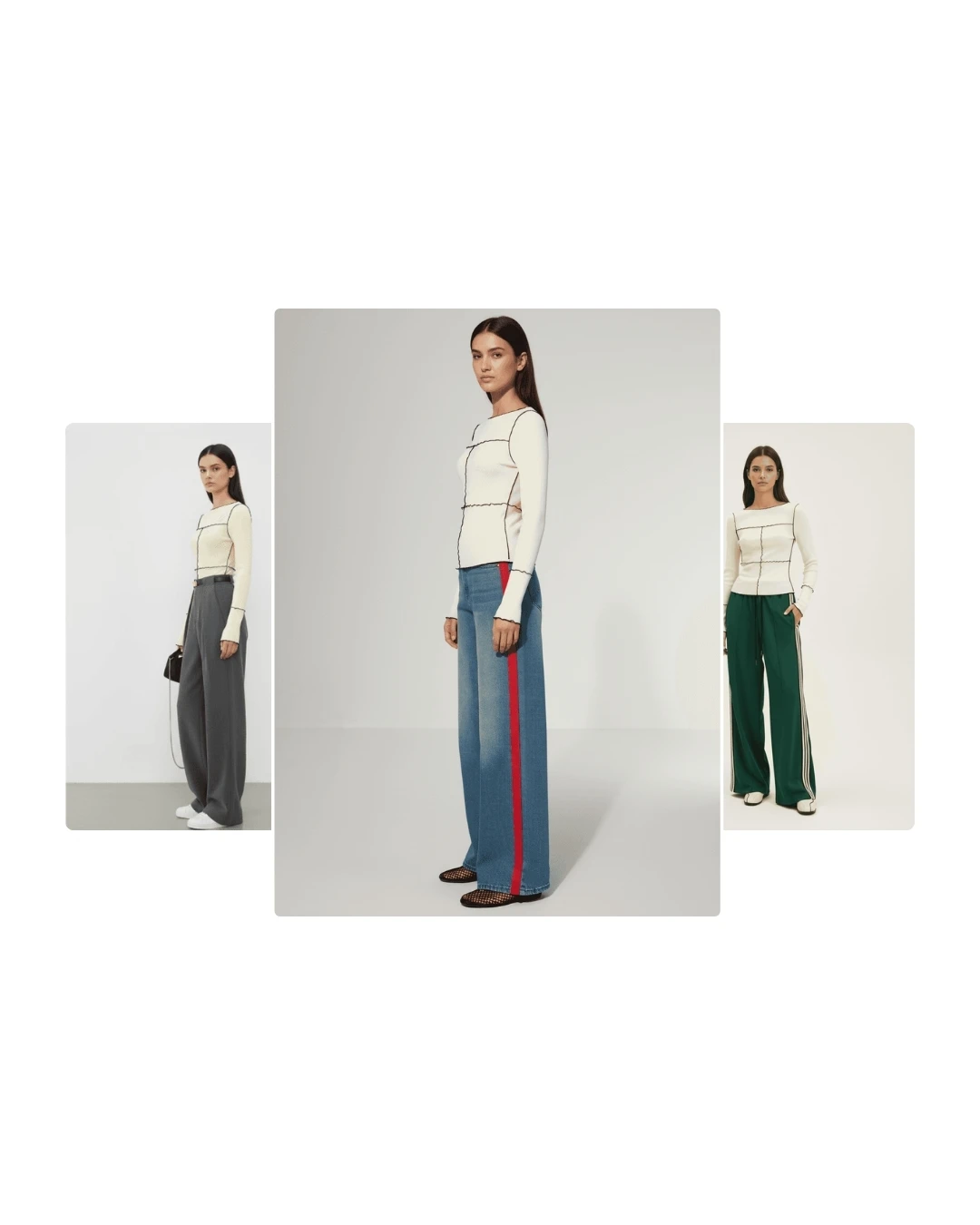 AI model in a cream top with contrast seams styled with jeans, grey trousers and green track pants, generated with Veeton