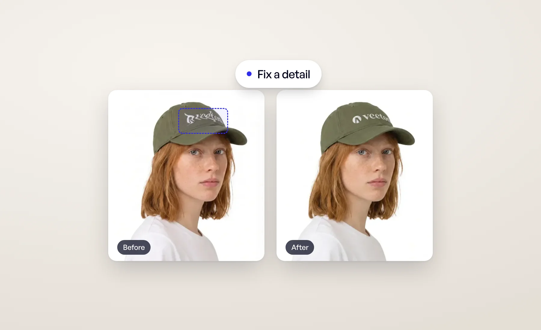 Avant et après : un mannequin portant une casquette verte dont le logo déformé est cadré, puis redessiné proprement