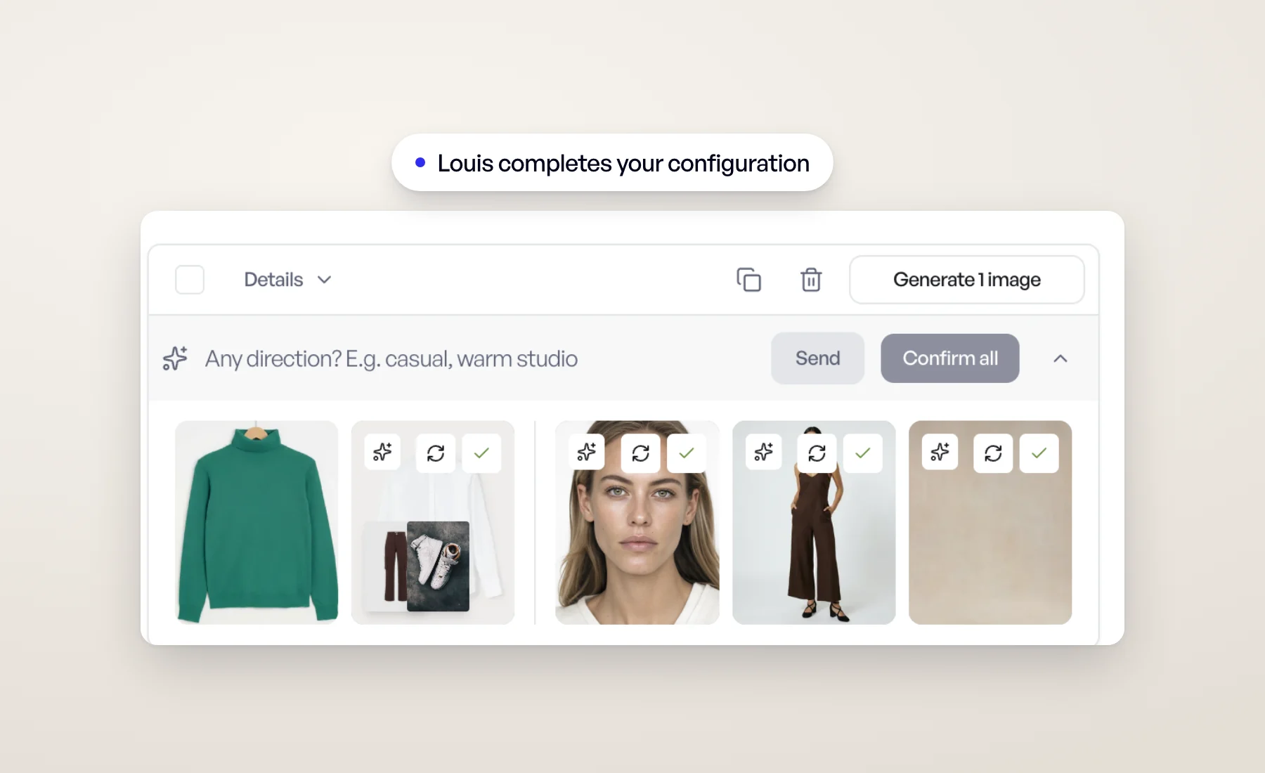 Une configuration produit complétée par Louis : un pull vert avec stylisme, mannequin, angle de vue et arrière-plan, chacun prêt à être validé