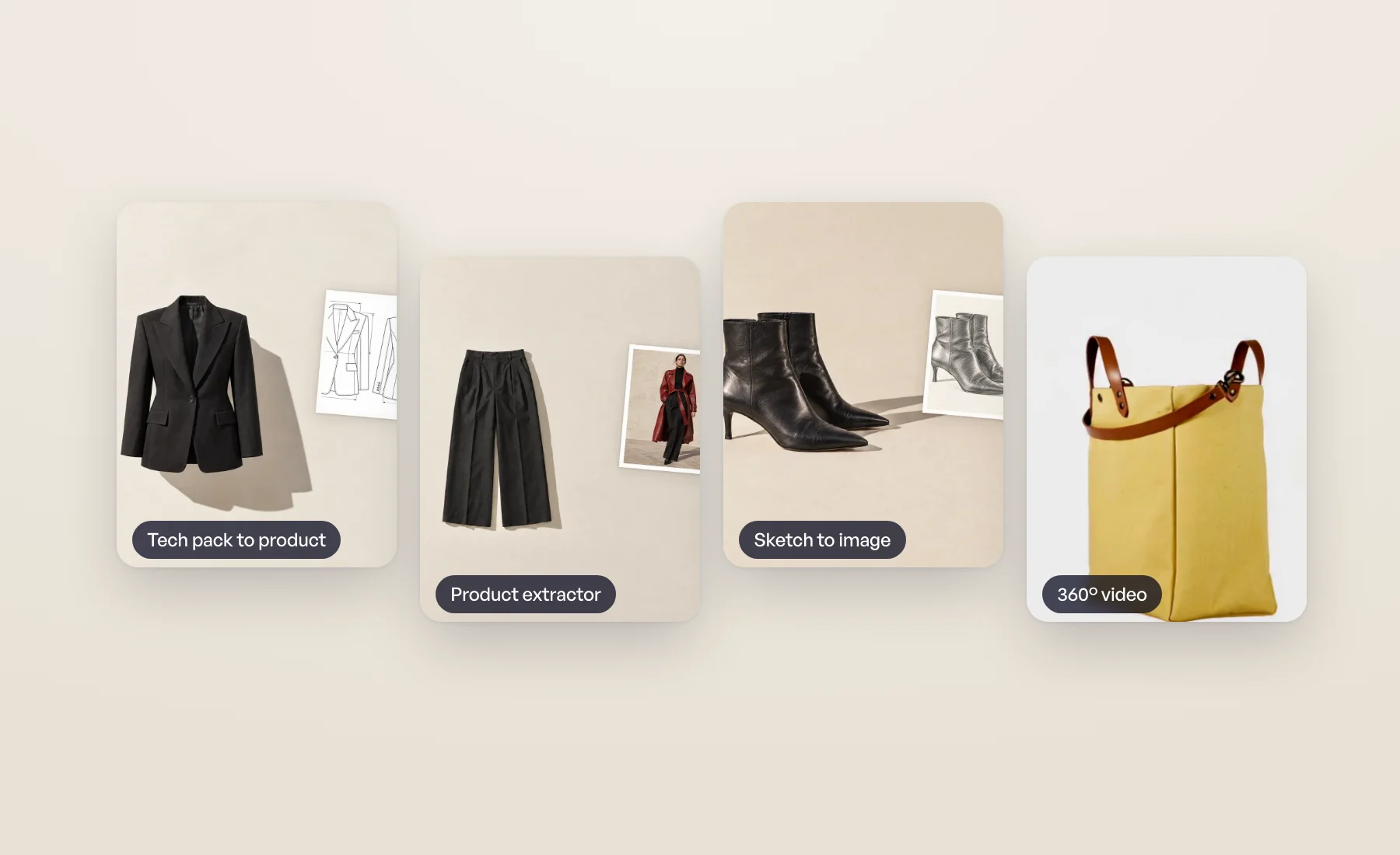 Un blazer à côté de son tech pack, un pantalon à côté d’une photo portée, des bottines à côté d’un croquis et un sac cabas issu d’une vidéo 360°