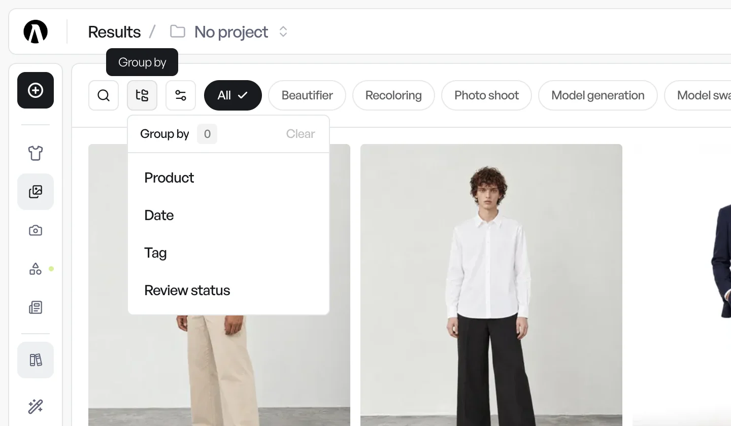 The Group by menu in the Results gallery, offering Product, Date, Tag and Review status