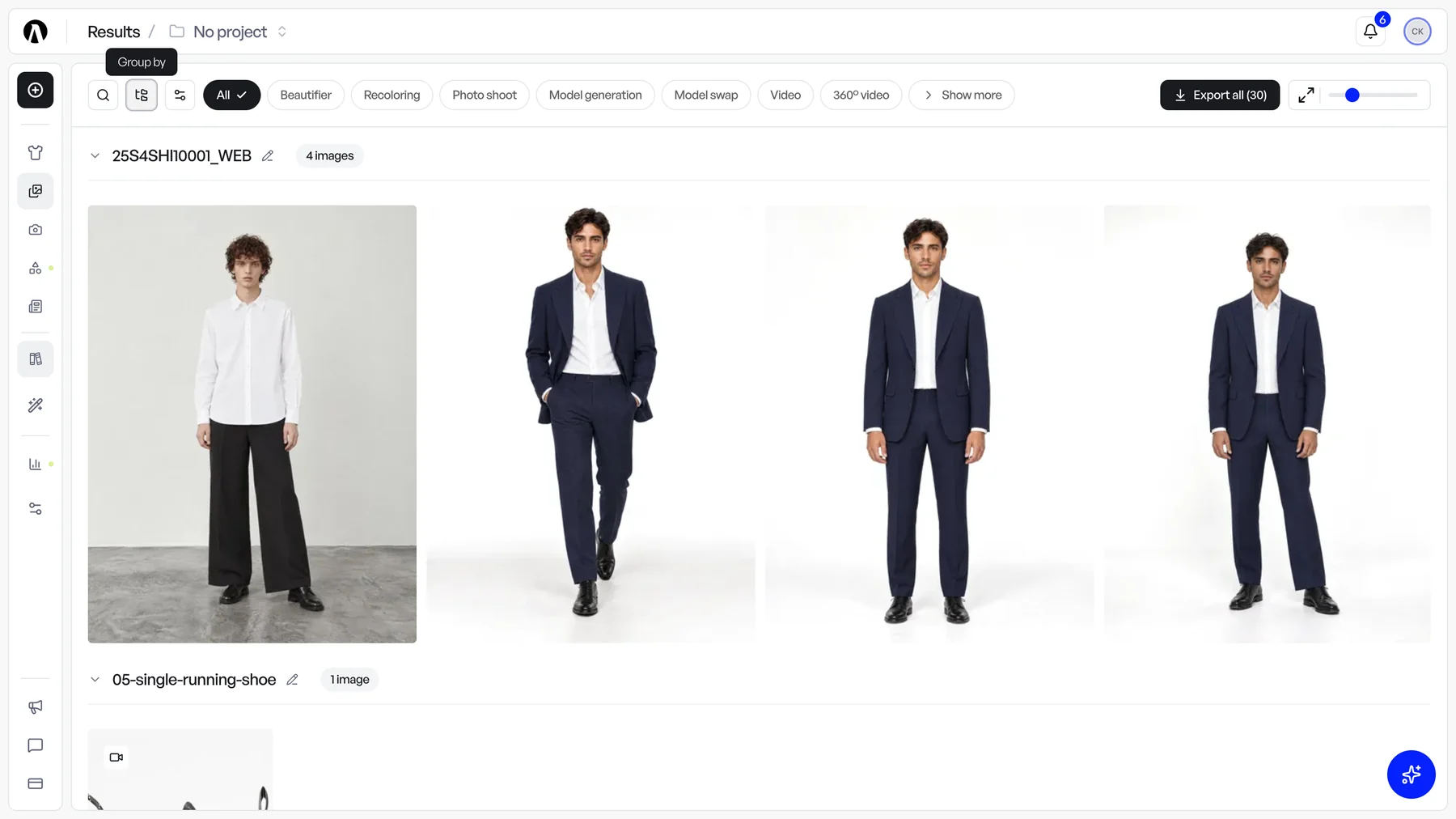 The results gallery grouped by product, one section per product