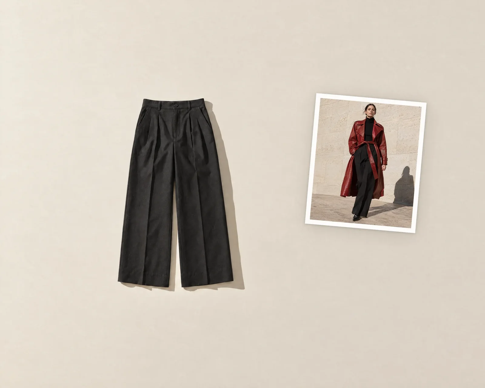 Black wide-leg trousers extracted as a clean flatlay, next to the street-style photo they came from