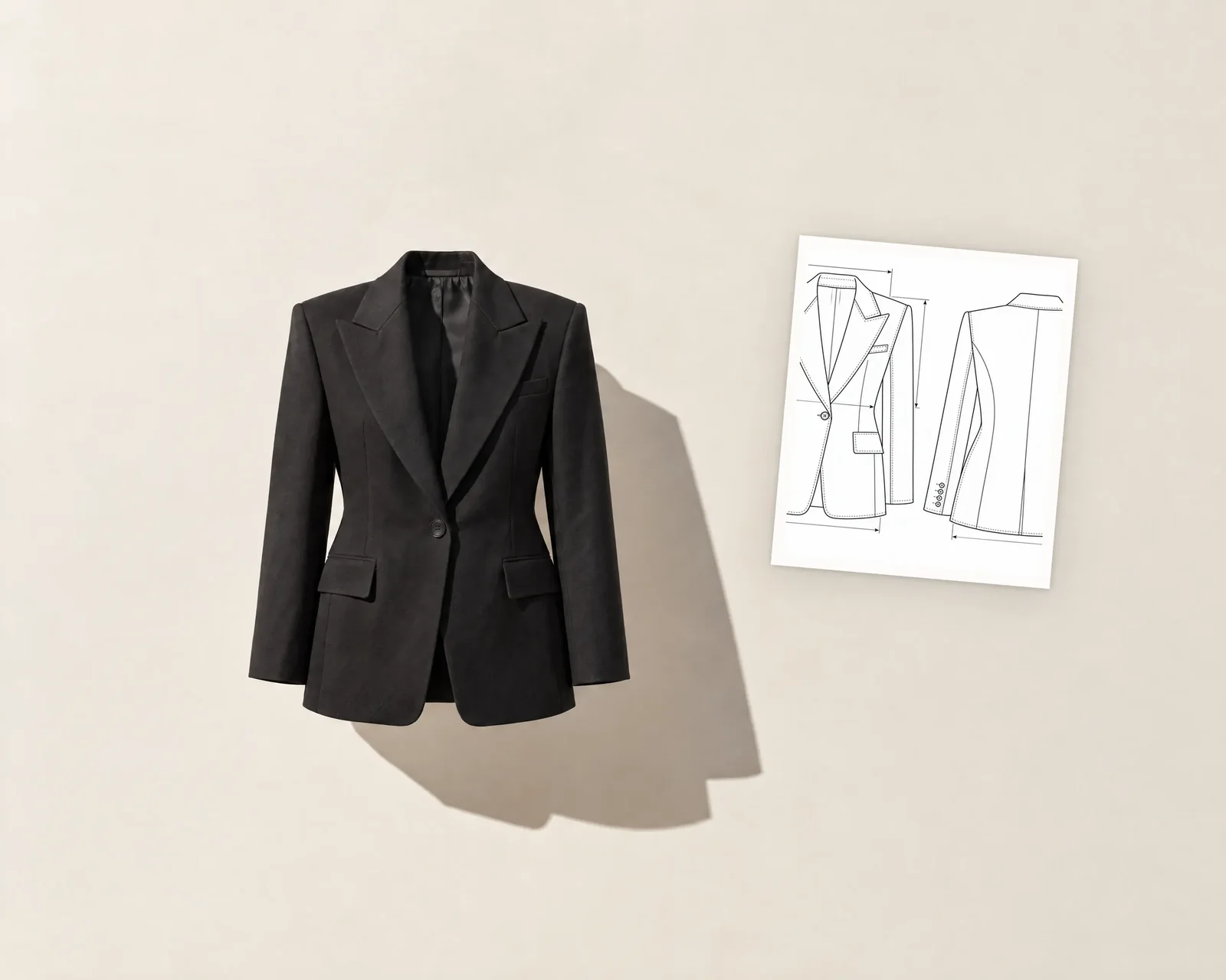 A black tailored blazer generated from its technical drawing