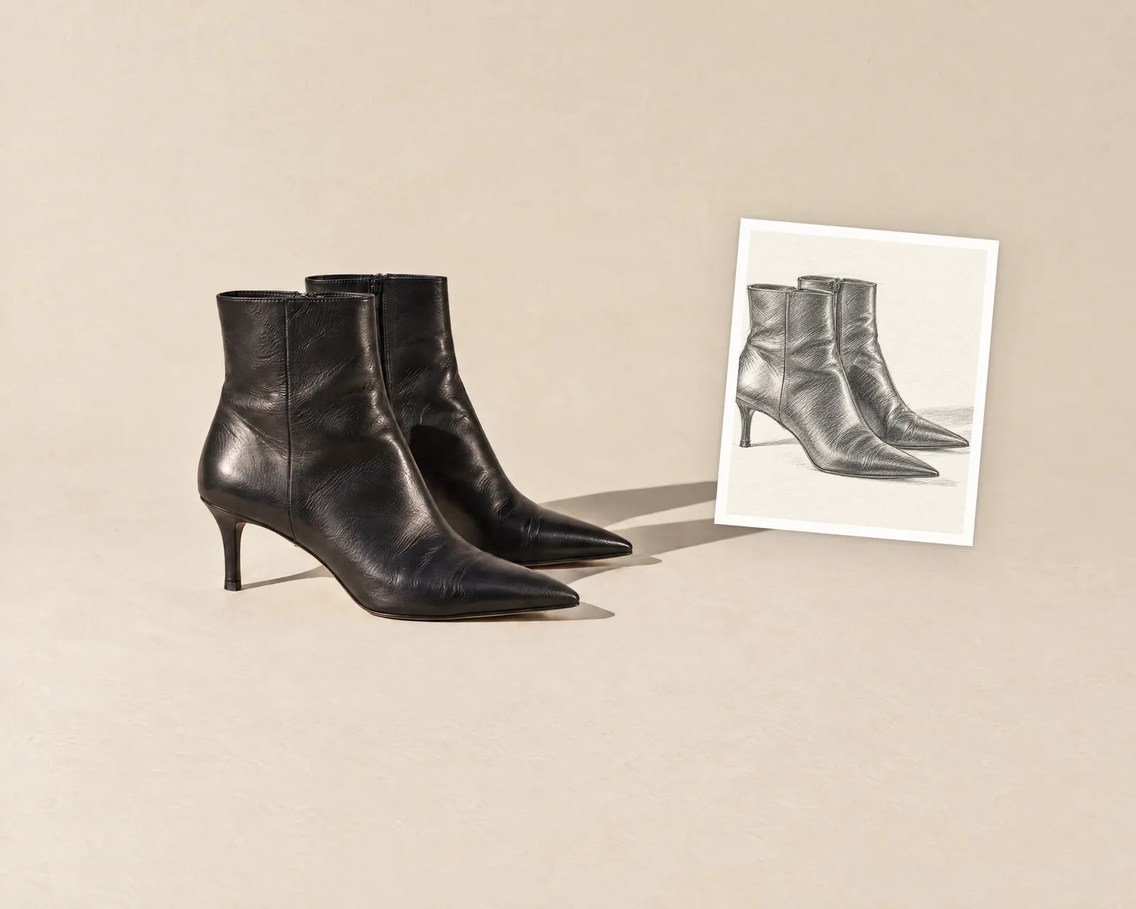 Black leather ankle boots generated from a pencil sketch